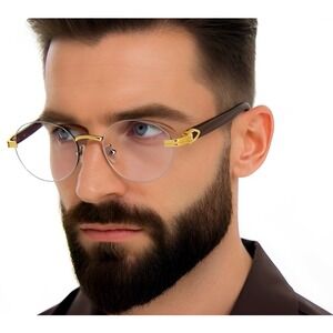 Rimless Round Glasses Gold Accents Wood Arms Hipster Fashion Eyewear Lentes New